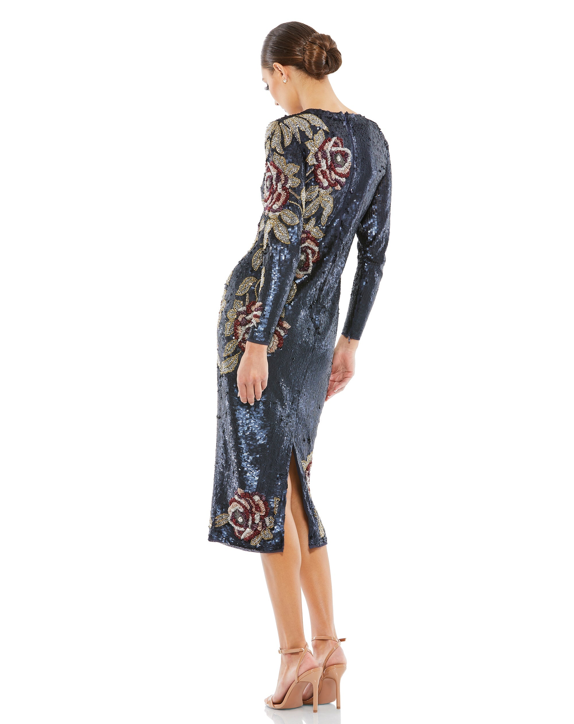 Shop Sequined Asymmetrical Floral Long Sleeve Midi Dress Online