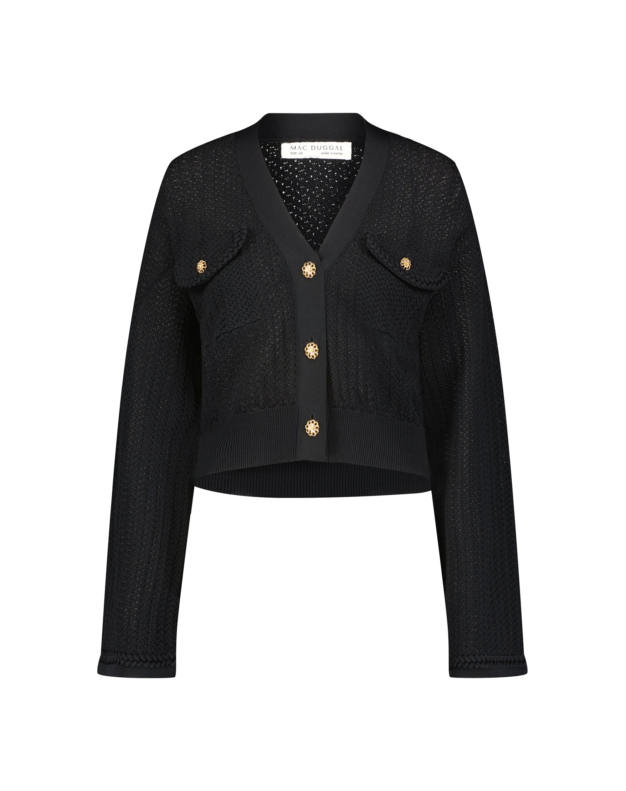 Shop Crochet Knit Flare Long Sleeve Gold Button Cropped Cardigan Online