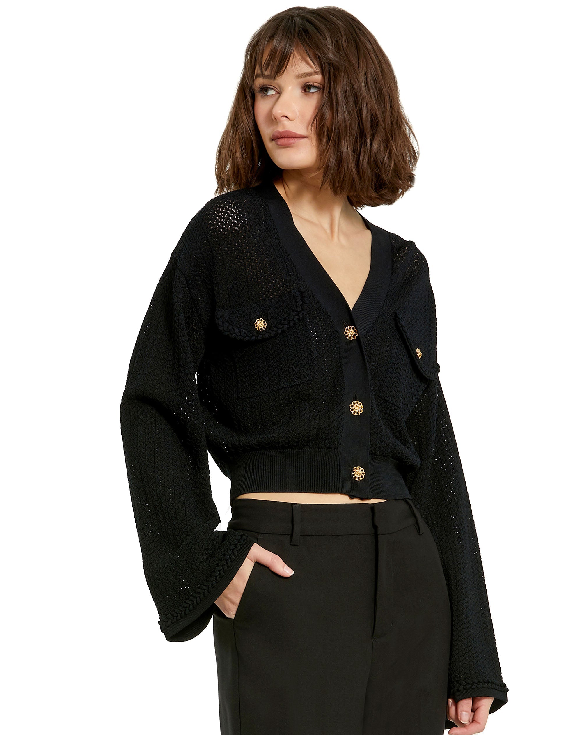 Shop Crochet Knit Flare Long Sleeve Gold Button Cropped Cardigan Online