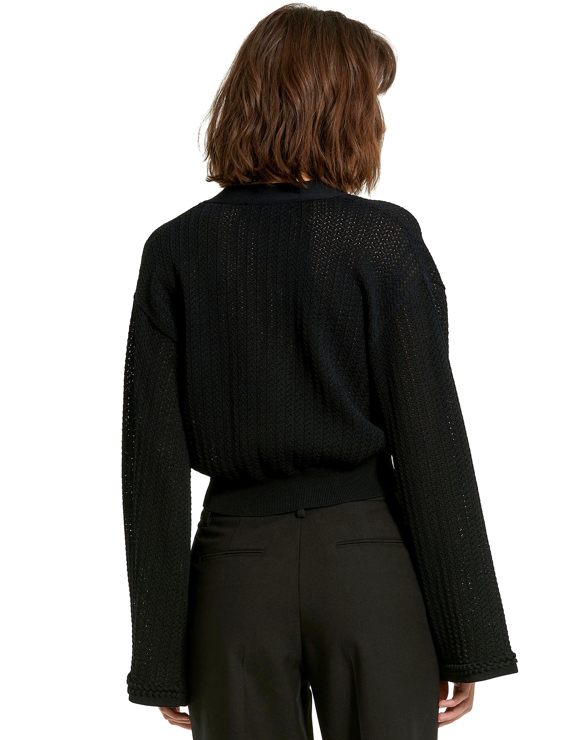 Shop Crochet Knit Flare Long Sleeve Gold Button Cropped Cardigan Online