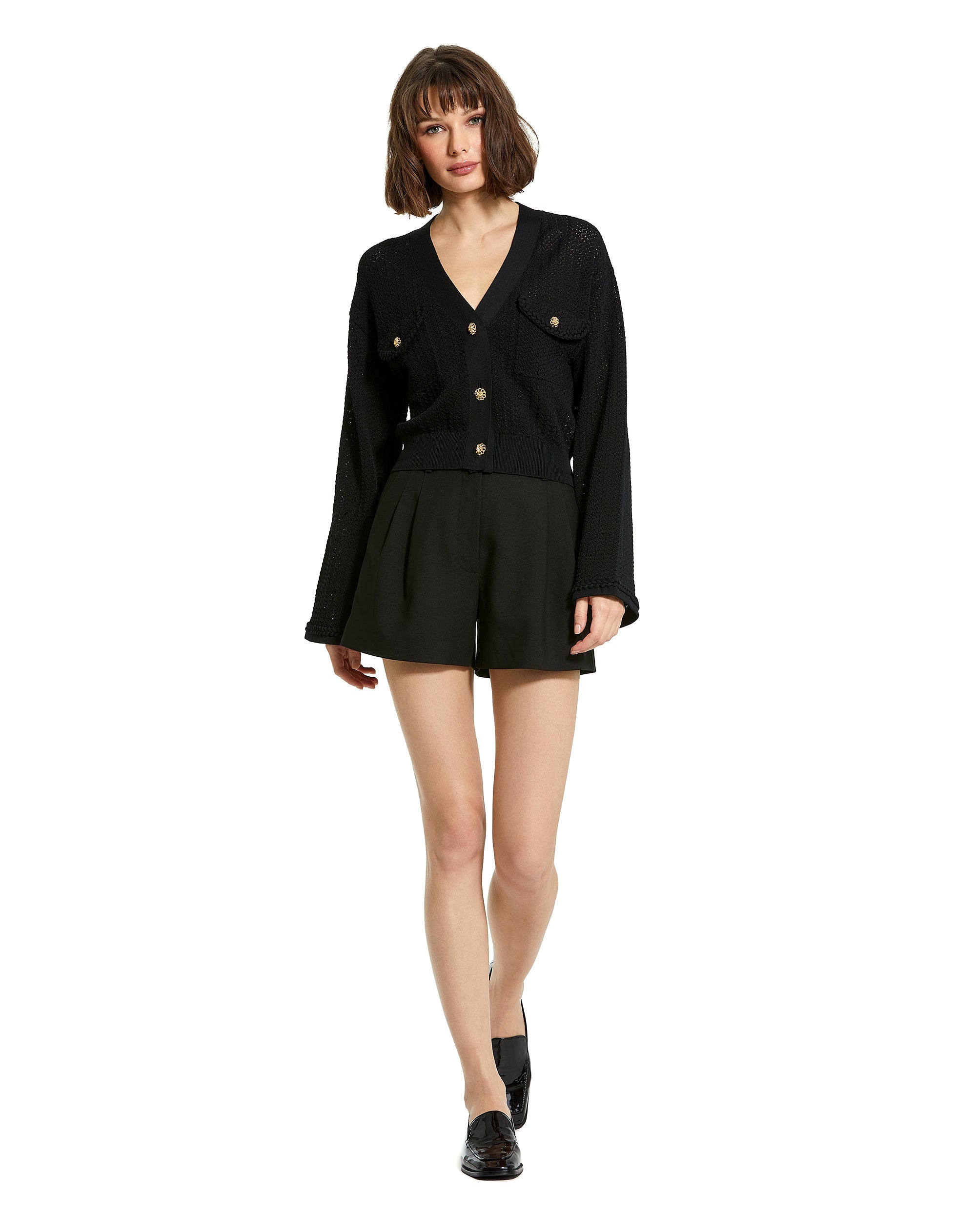 Shop Crochet Knit Flare Long Sleeve Gold Button Cropped Cardigan Online
