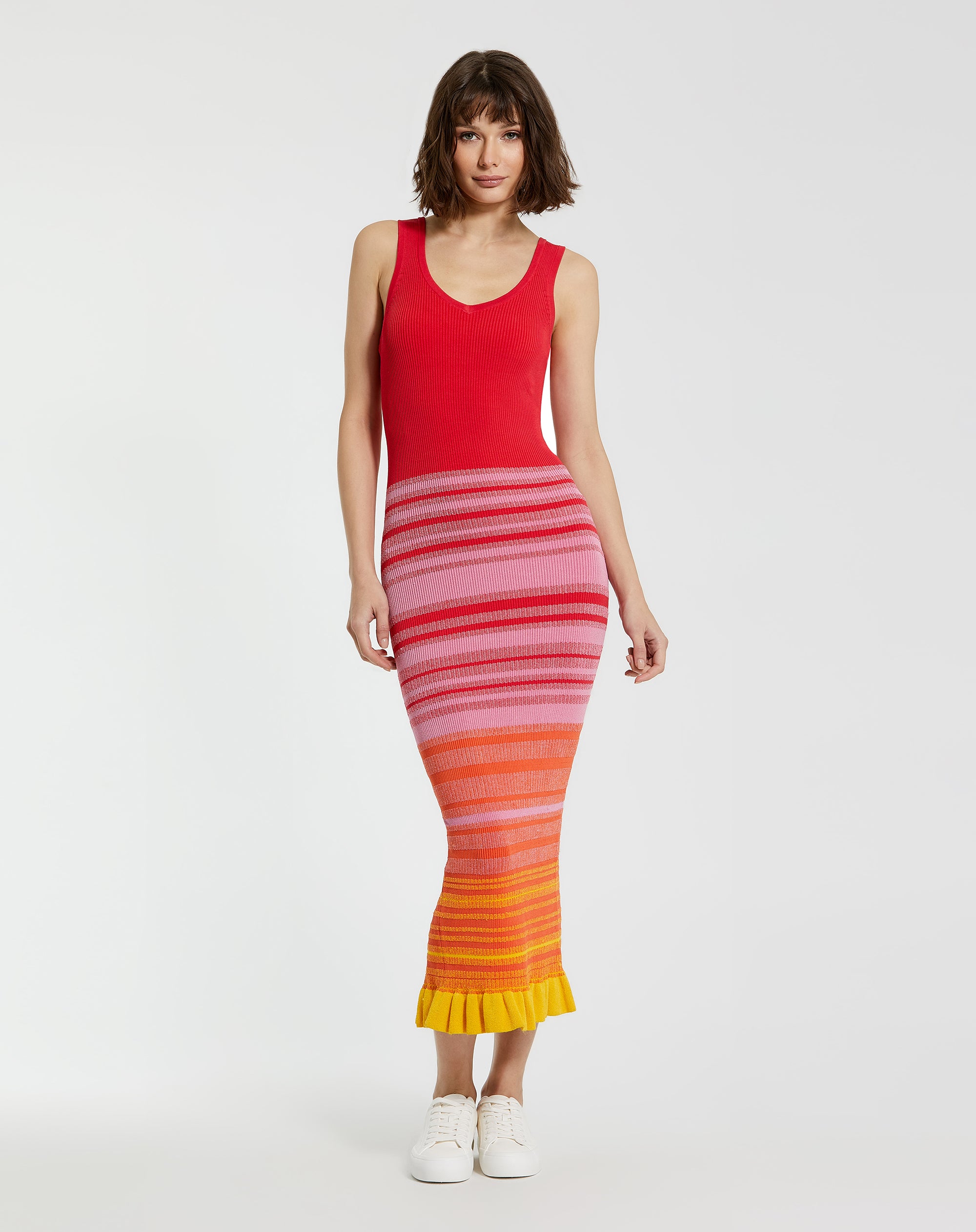 Shop Striped Fitted Sleeveless Knit Midi Dress Online