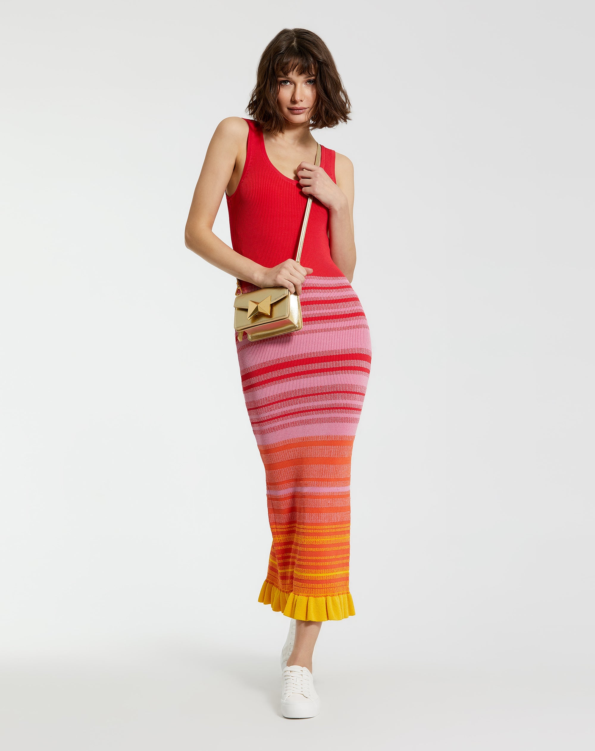 Shop Striped Fitted Sleeveless Knit Midi Dress Online
