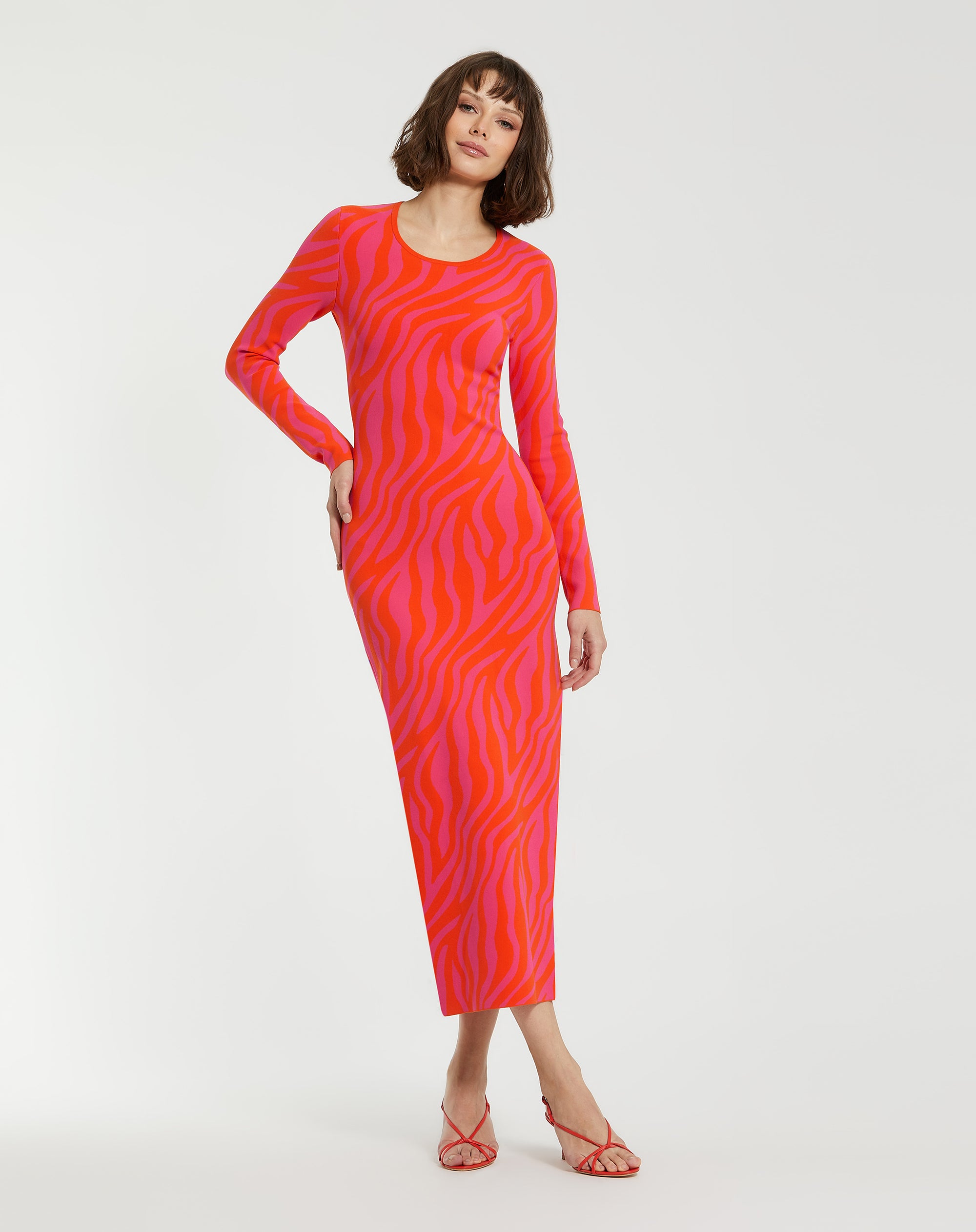 Shop Fitted Long Sleeve Zebra Print Knit Maxi Dress Online