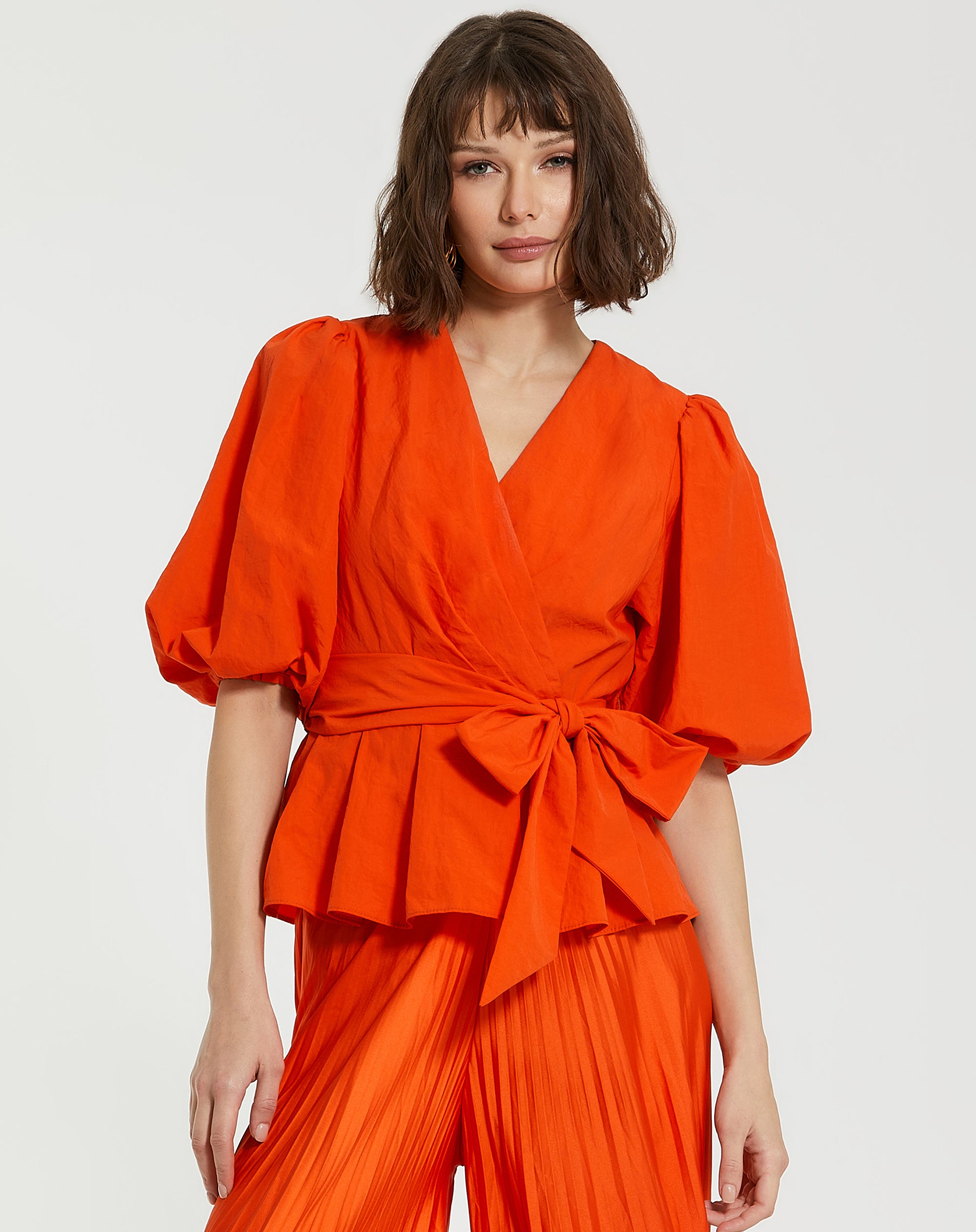 Shop Faille Balloon Sleeve Wrap Over Blouse Online