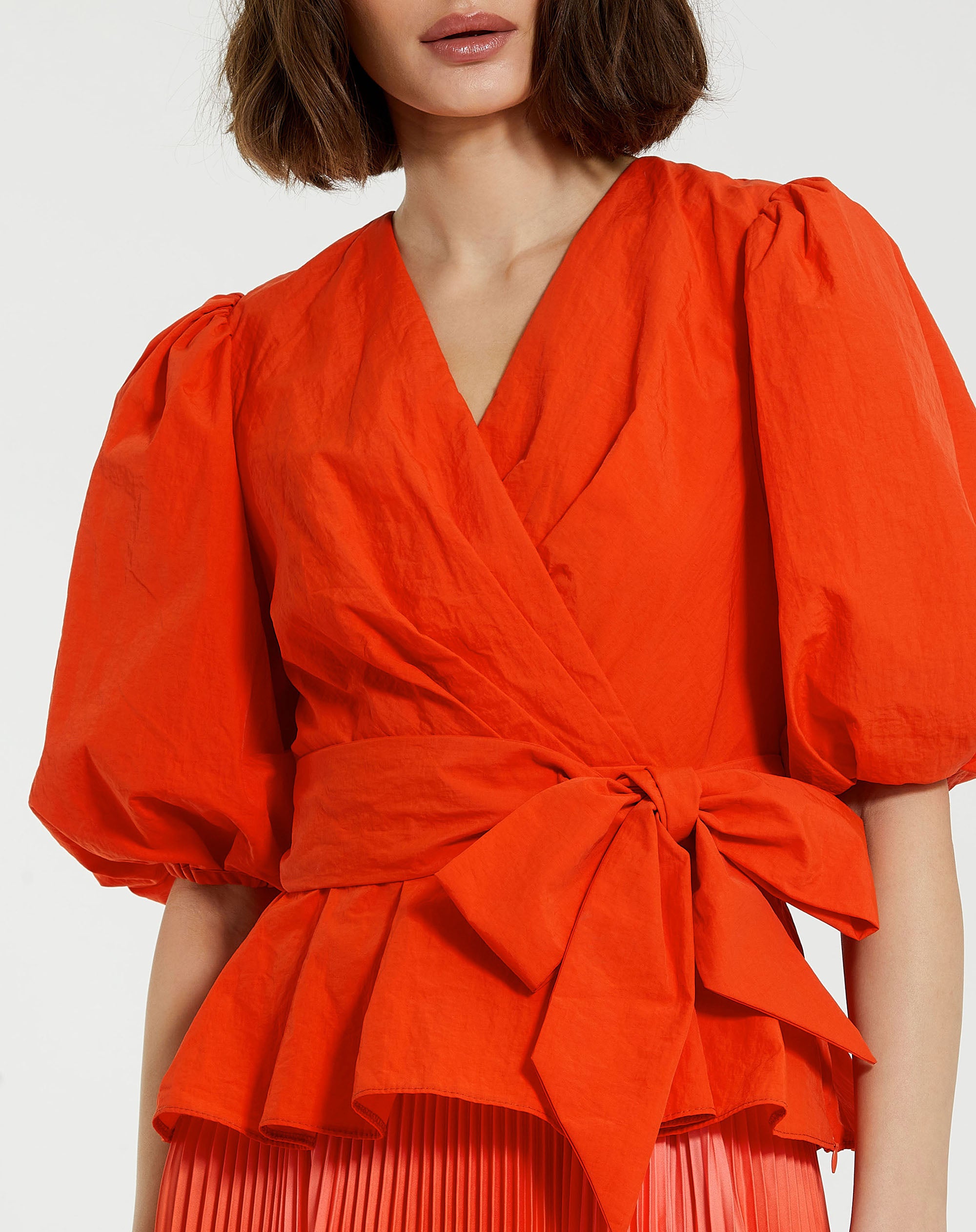 Shop Faille Balloon Sleeve Wrap Over Blouse Online