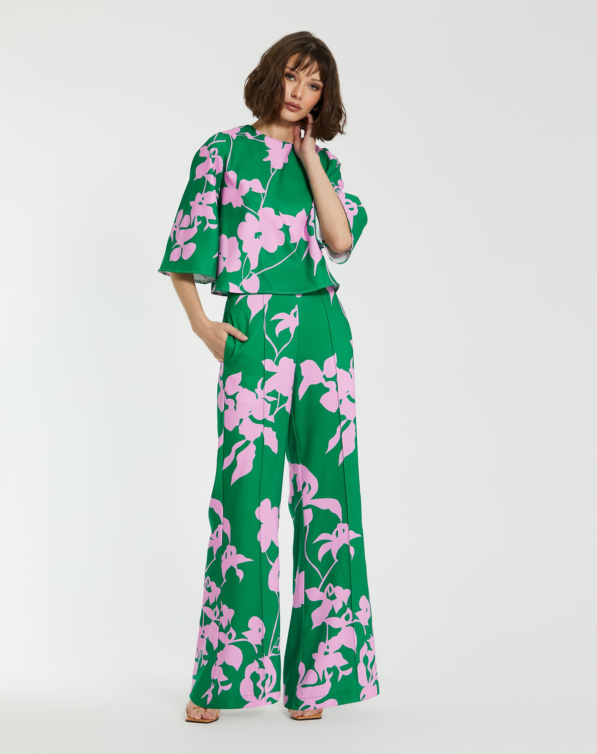 Shop Printed Crepe 3/4 Bell Sleeve High Neck Top Online