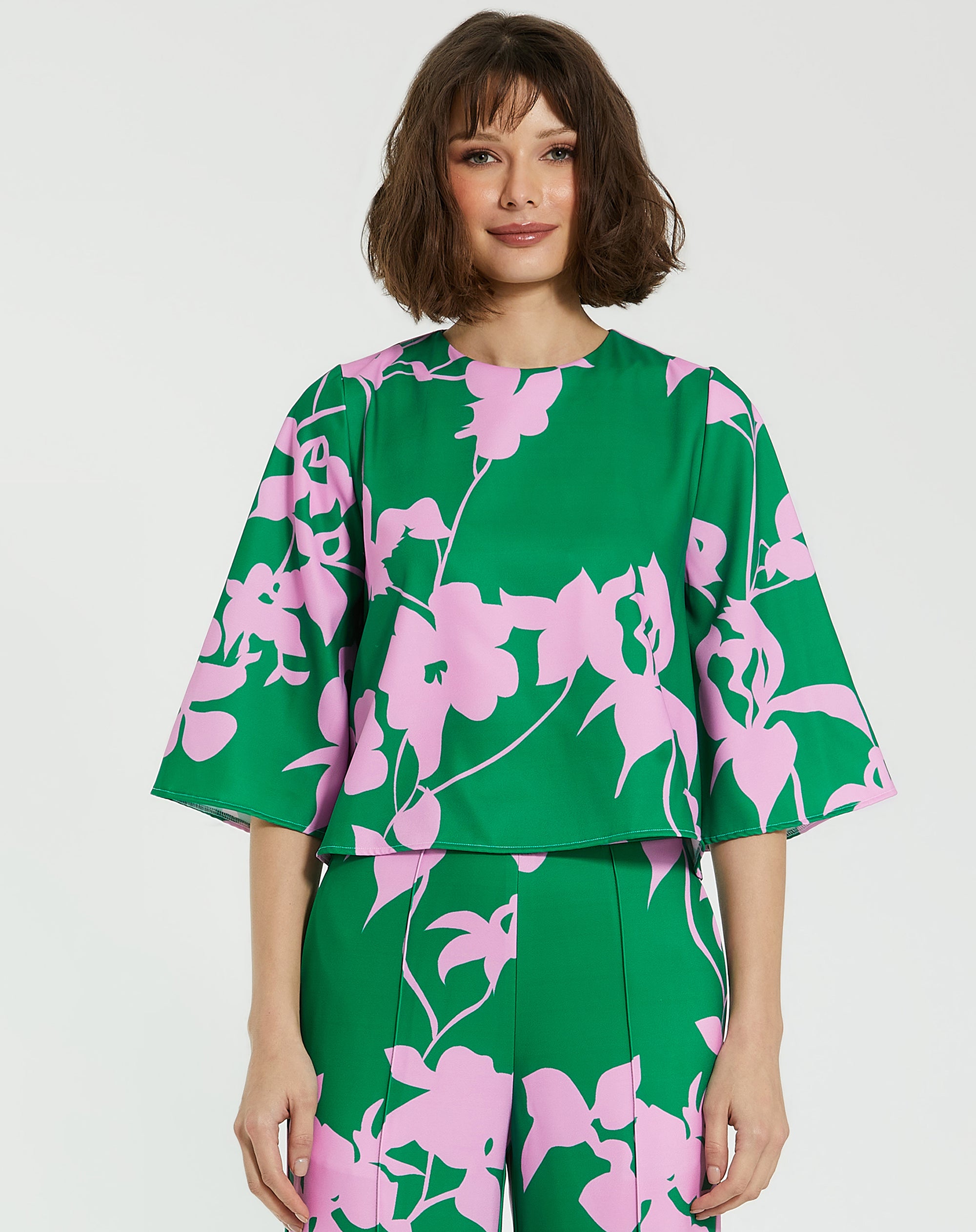 Shop Printed Crepe 3/4 Bell Sleeve High Neck Top Online