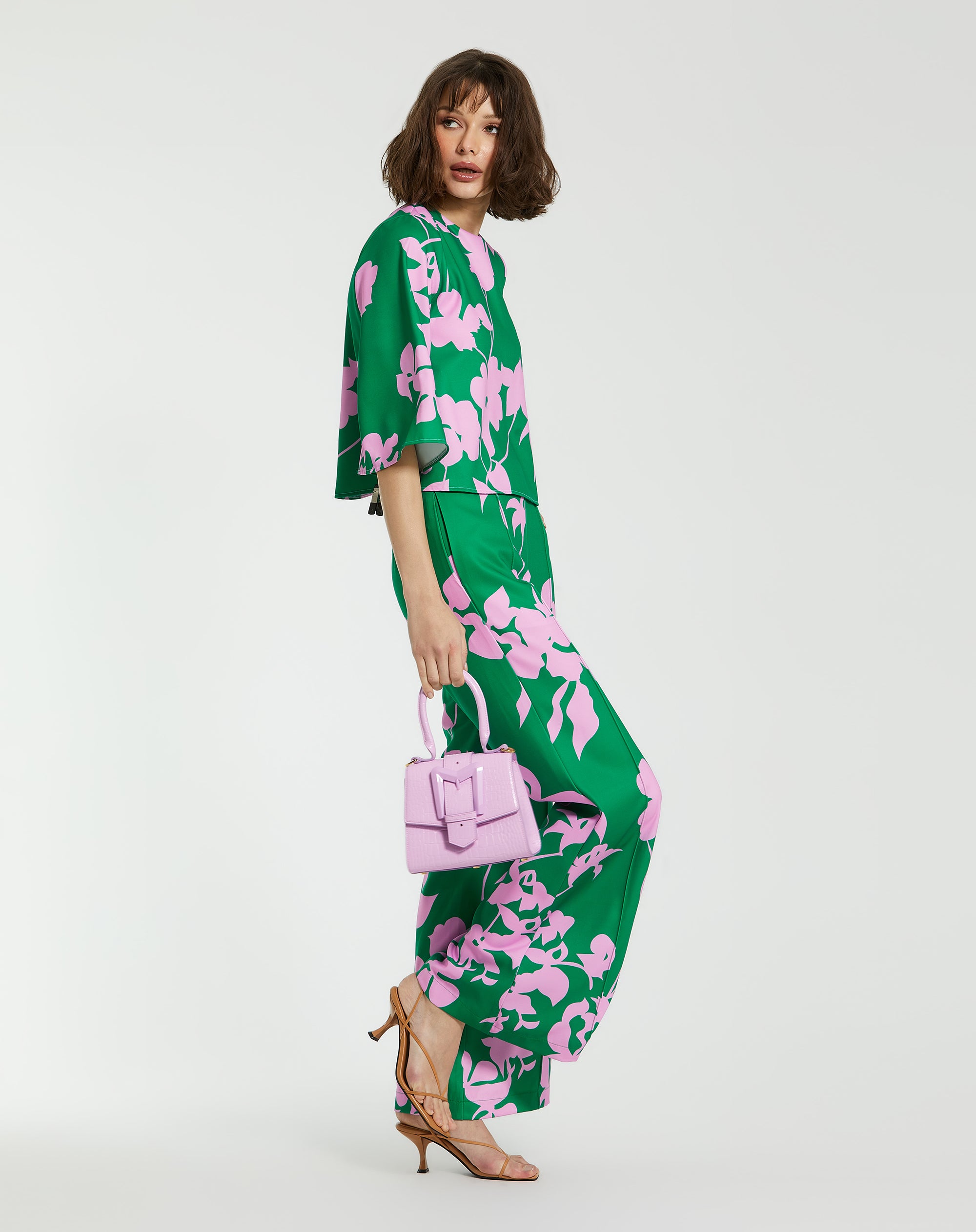 Shop Printed Crepe 3/4 Bell Sleeve High Neck Top Online