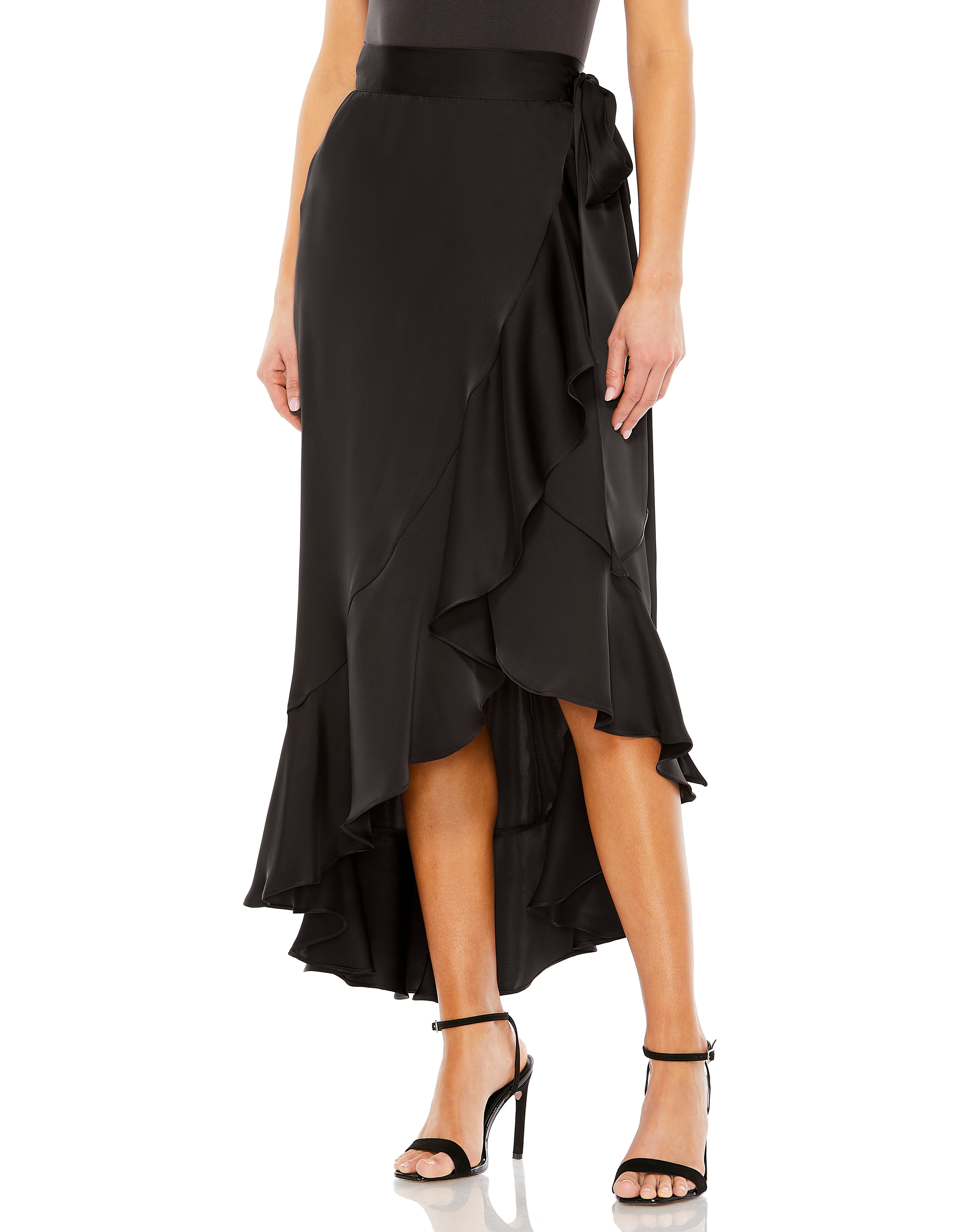 Shop Asymmetrical Tie Wrap Around Ruffle Midi Skirt Online